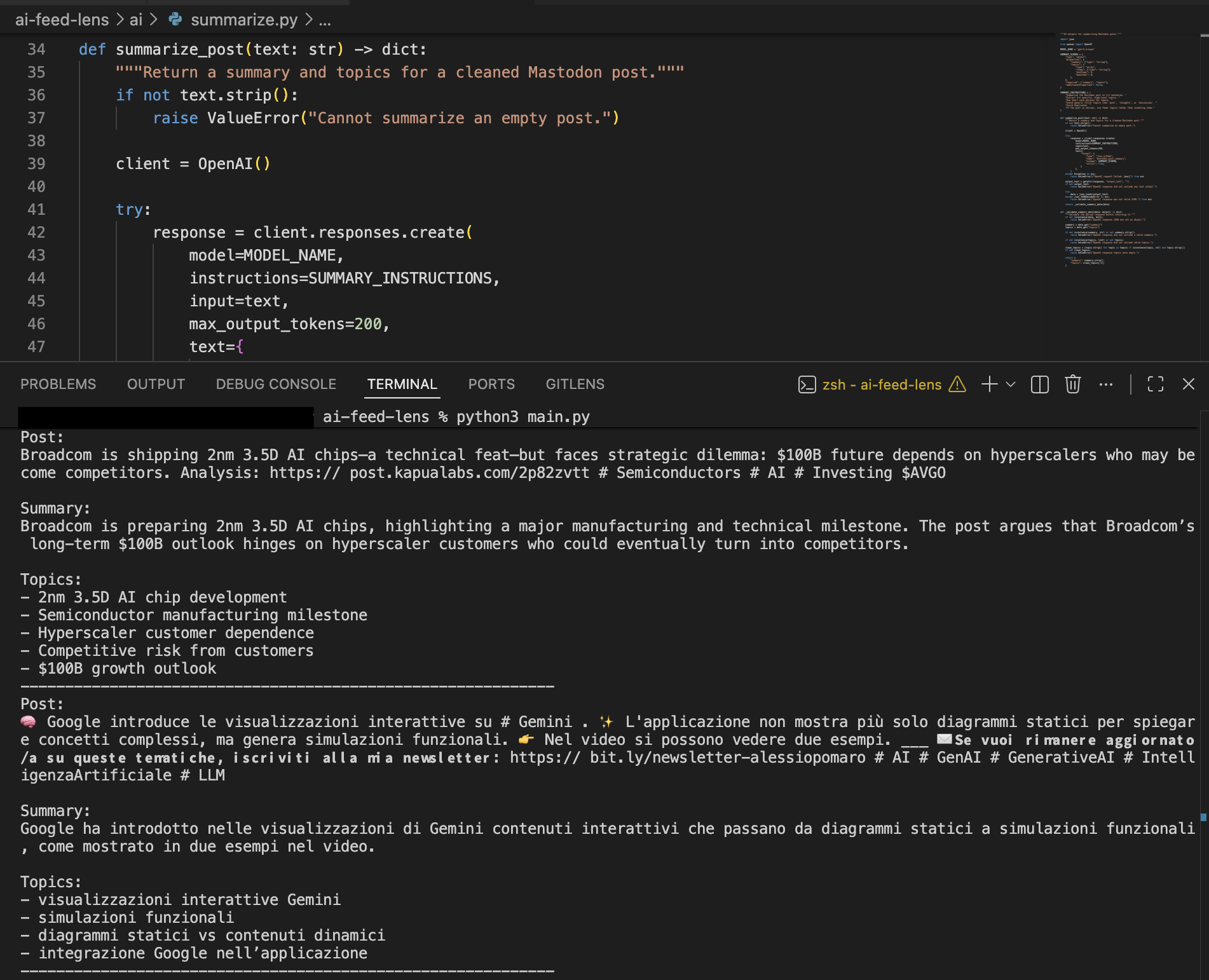 AI-enriched Mastodon feed output