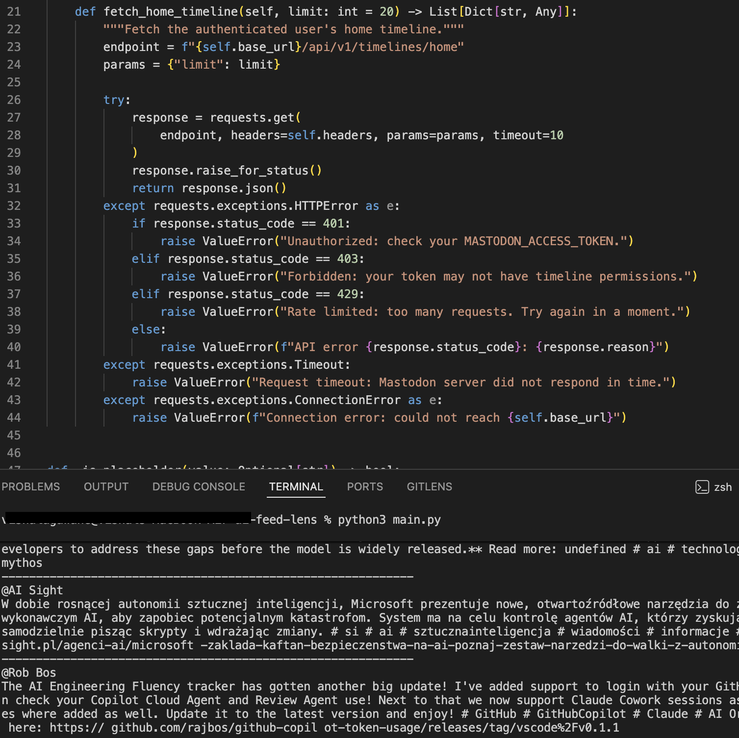 Terminal output showing fetch_home_timeline returning Mastodon posts cleaned into readable text.